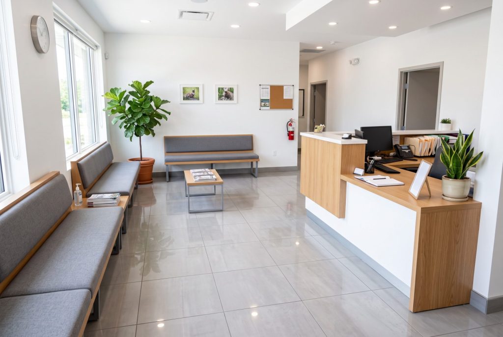 Clean, empty veterinary clinic waiting room with tile flooring and reception counter