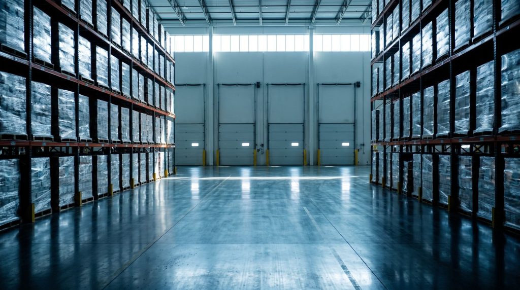 Empty distribution warehouse aisle with pallet racking and loading dock doors, cleaned before peak season in Cinnaminson, New Jersey
