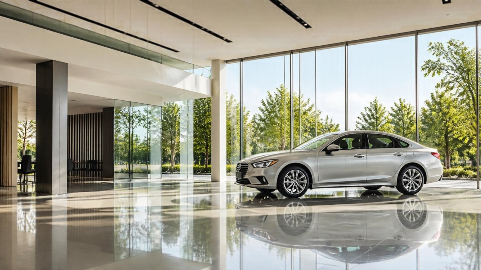 Empty modern car dealership showroom with polished floor, large clean windows and a silver sedan on display