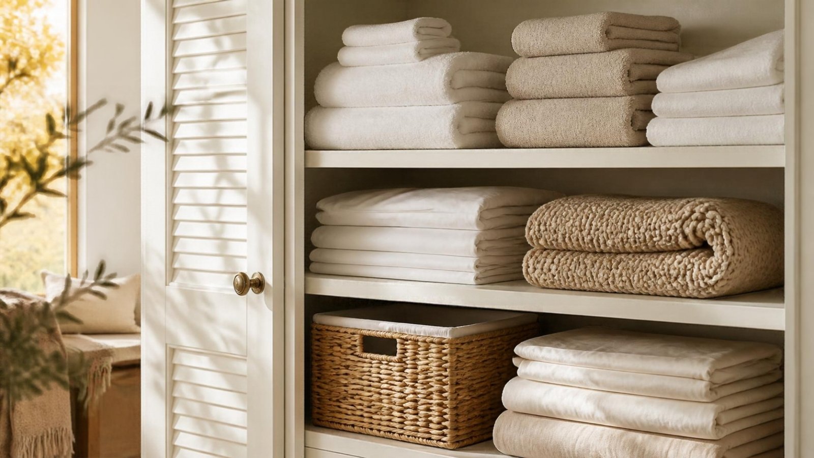 Neatly organized linen closet with folded towels, sheets, a knit blanket and a woven basket in autumn light